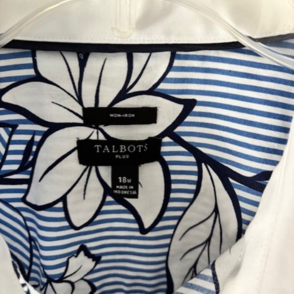 Talbots 18W Blue White Trim Floral Long Sleeve No Iron Preppy Botanical Cottage - Picture 6 of 8